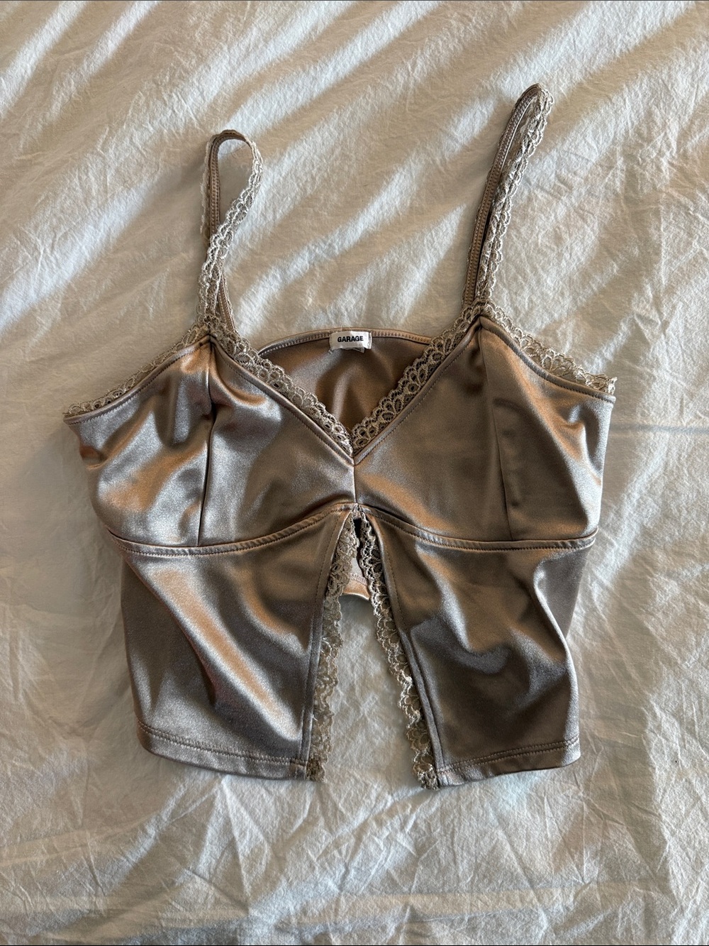 Garage Satin-Look Lace Trim Cropped Cami in Taupe